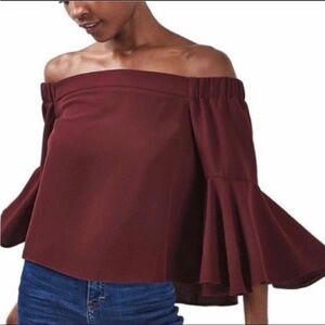 Topshop Ella off the shoulder top size 8 burgundy flare bell sleeve crop‎